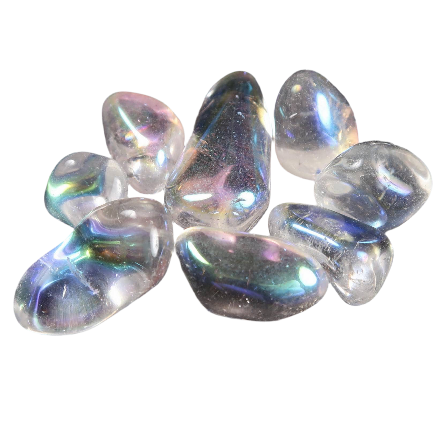 Polished Angel Aura tumblestone with iridescent rainbow hues