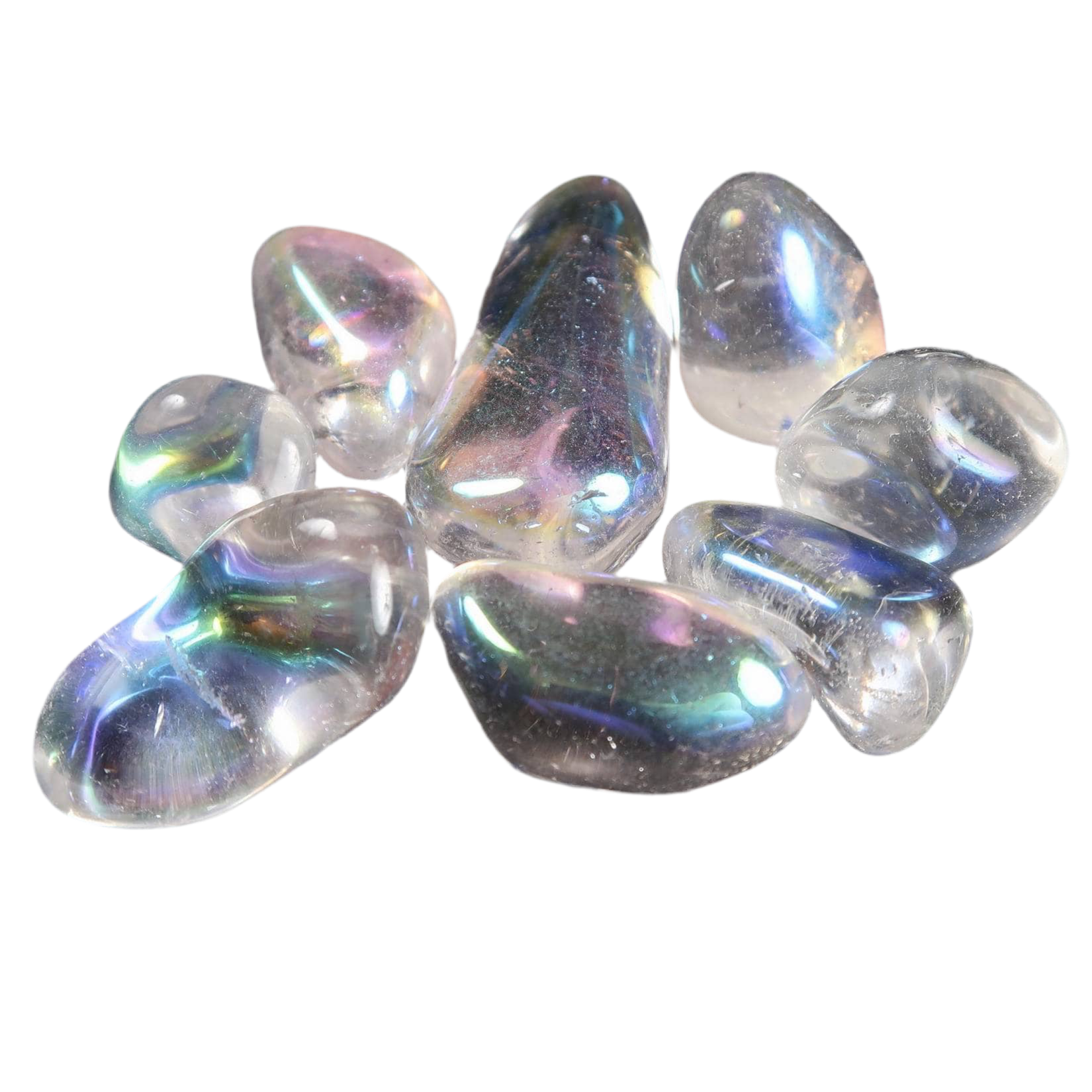 Polished Angel Aura tumblestone with iridescent rainbow hues