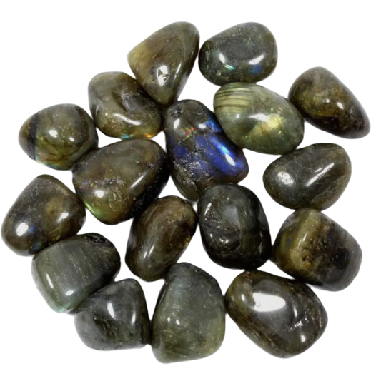 A stunning labradorite tumblestone exhibiting a captivating play of blue, green, and gold iridescence. 