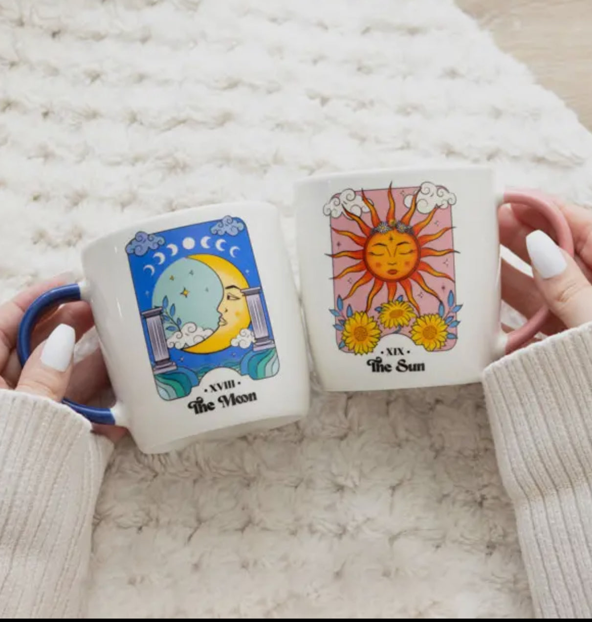 set of 2 Ceramic mugs with vibrant sun and tranquil moon illustrations