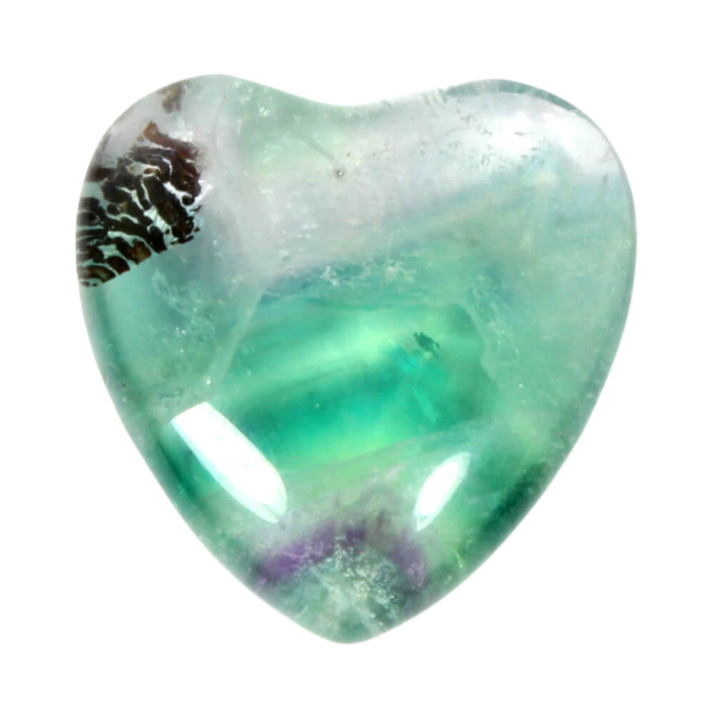 Fluorite carved heart with vibrant, multicolored bands