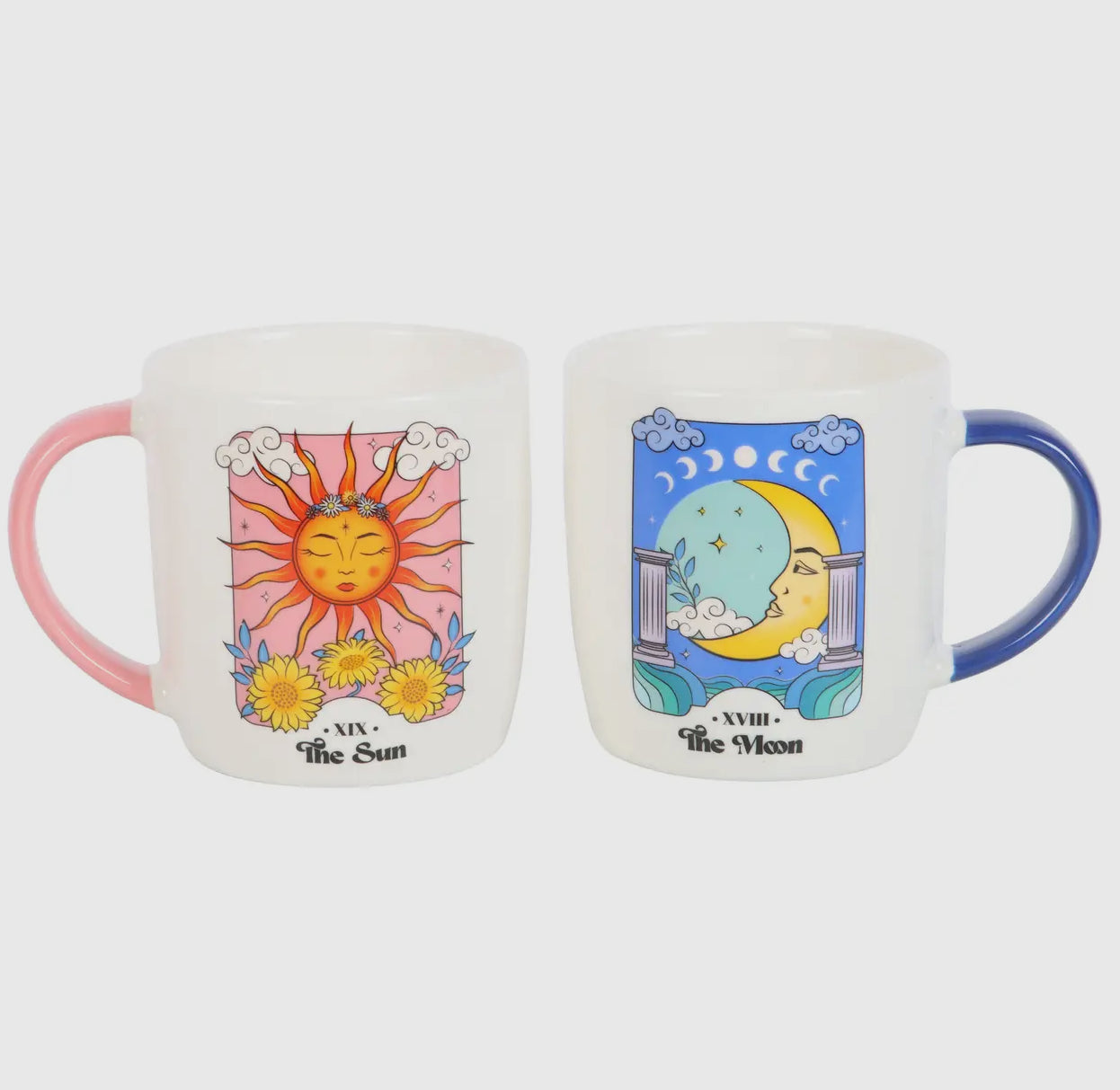 set of 2 Ceramic mugs with vibrant sun and tranquil moon illustrations