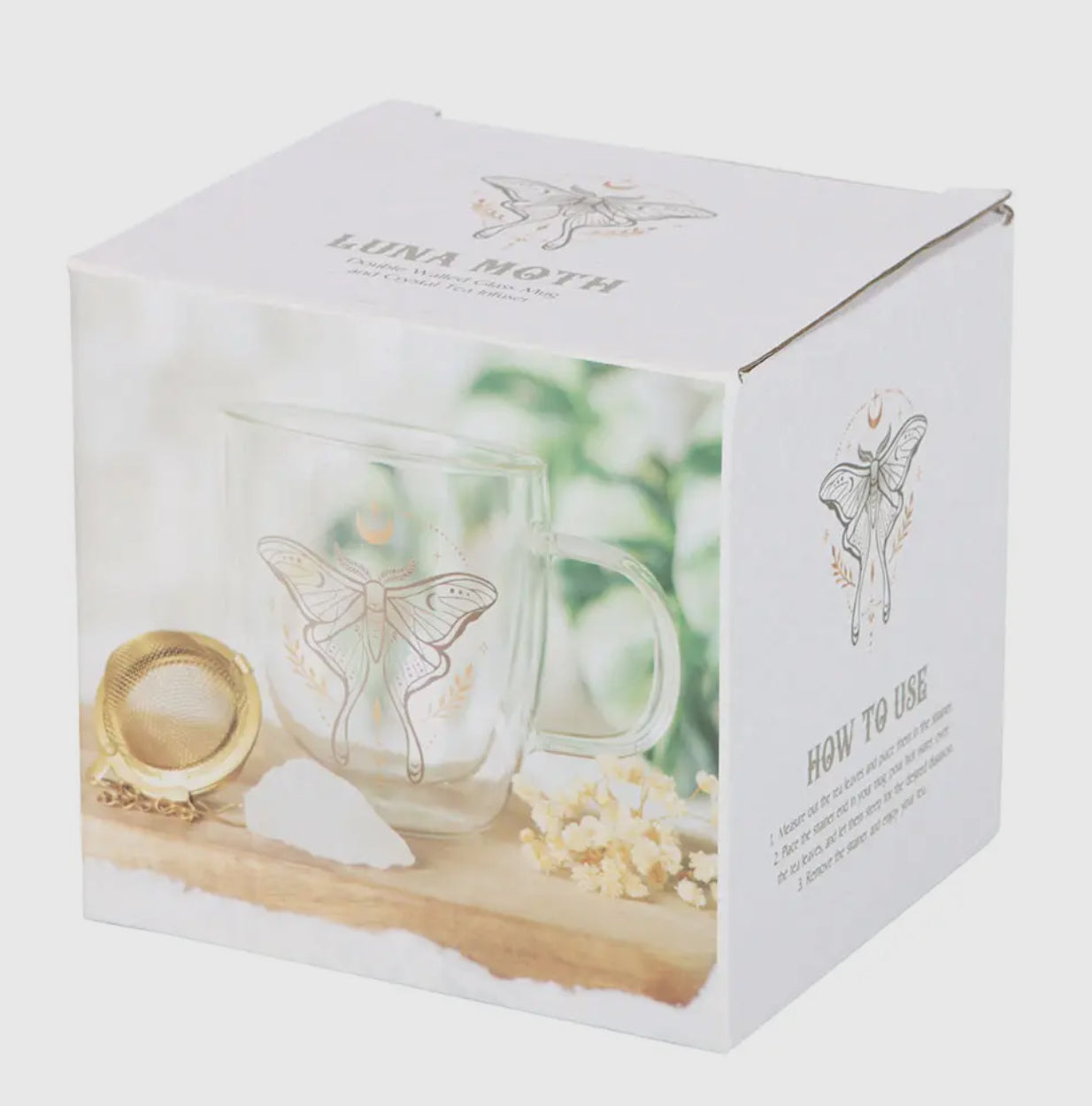 Luna Moth Double Walled Glass Mug with Crystal Tea Infuser