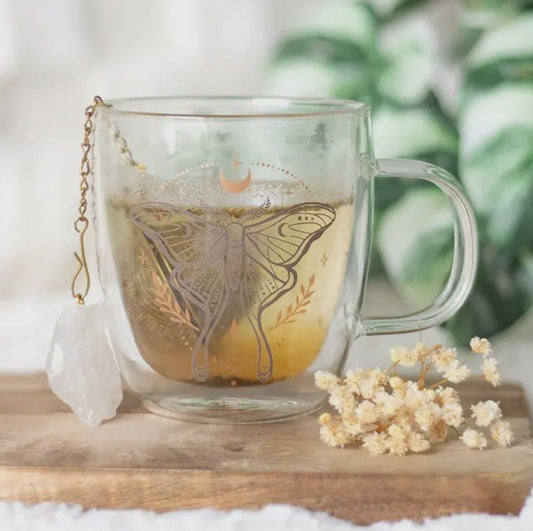 Luna Moth Double Walled Glass Mug with Crystal Tea Infuser