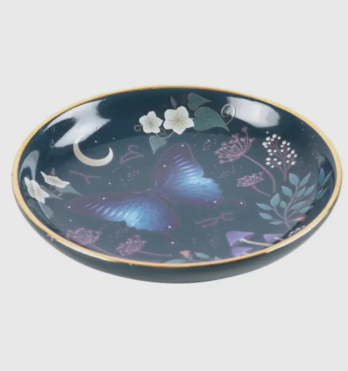 Blue and gold decorative Midnight moth trinket dish symbolising transformation and intuition