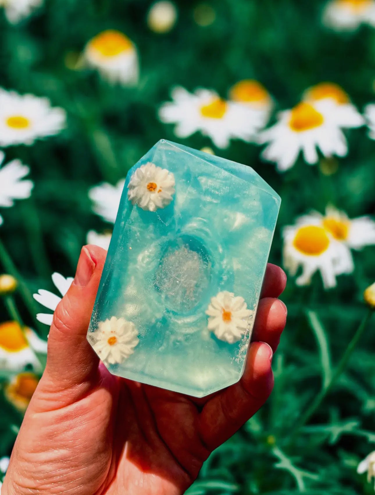 Daisy Crystal Infused Soap Bar with embedded healing crystal