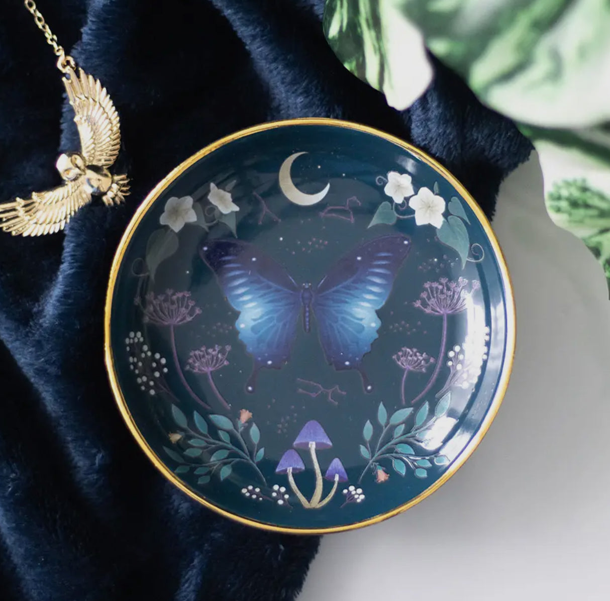 Blue and gold decorative Midnight moth trinket dish symbolising transformation and intuition